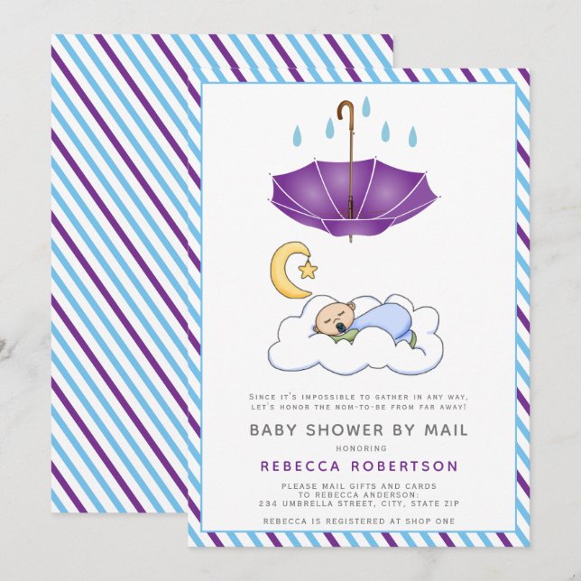 Invitation Parapluie violet, bébé endormi douche par la poste (Devant / Derrière)