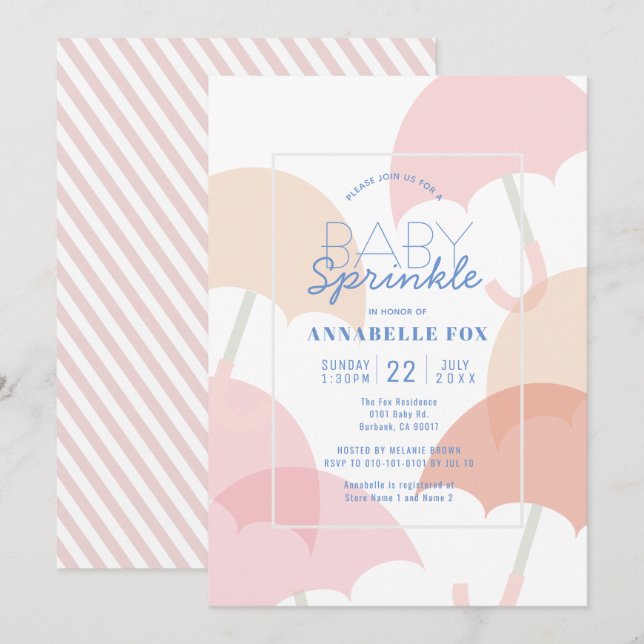 Invitation Parapluies roses Girl Baby Sprinkle Douche (Devant / Derrière)