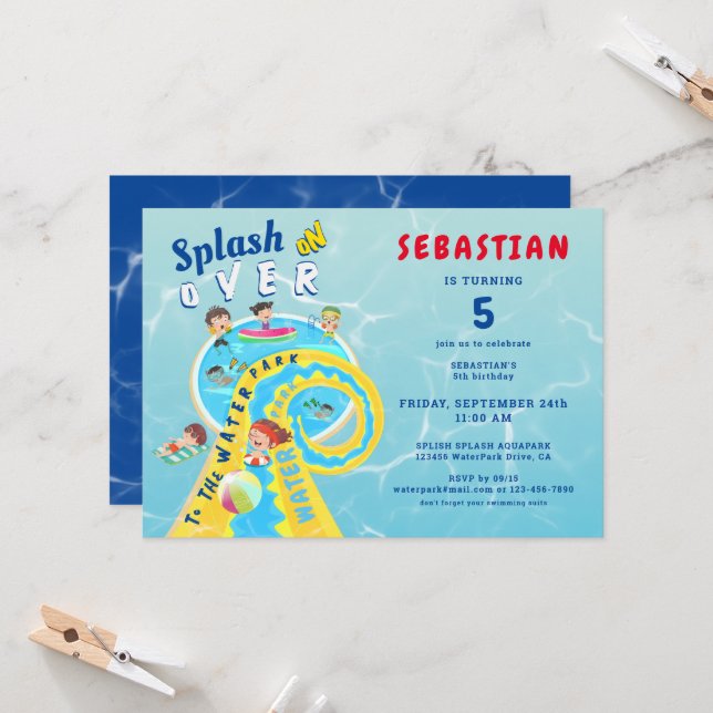 Invitation Parc aquatique Splash Eté toboggan aquatique fête  (Devant/Arrière en situation)