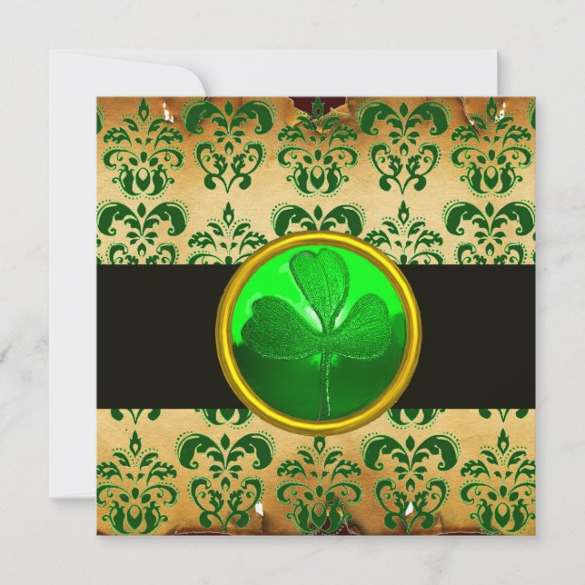 INVITATION PARCHEMENT BROWN VERT DE DOMMAQUES AVEC SHAMROCK,  (Devant)
