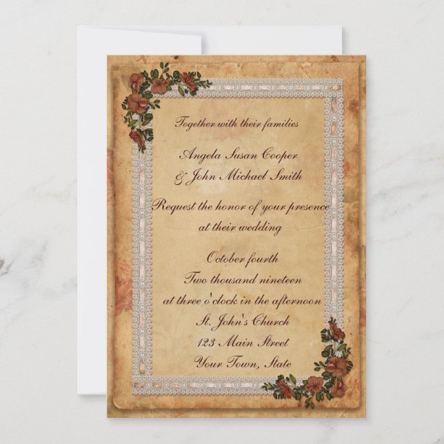 Invitation Parchemin, dentelle et fleurs (Devant)