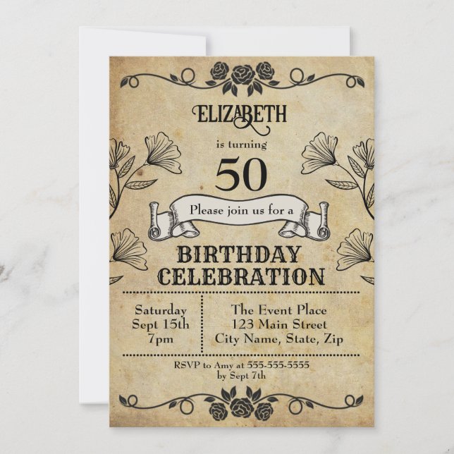 Invitation Parchemin ornemental Rose vintage 50e anniversaire (Devant)