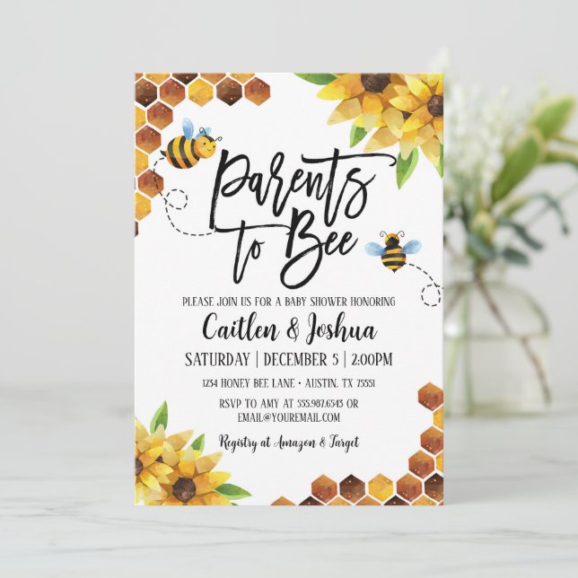 Invitation Parents À Être Baby shower Miel Abeille (Debout devant)
