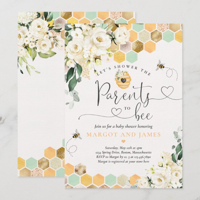Invitation Parents À Être Neutre Genre Baby shower Abeille (Devant / Derrière)