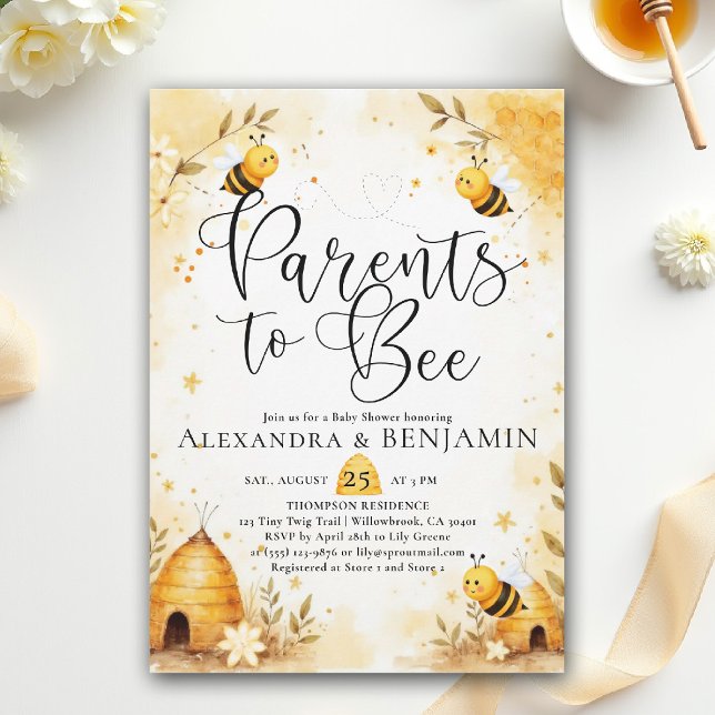 Invitation Parents Bee Summer Honey Floral Coed Baby Shower (parents to bee baby shower theme invitation spring summer little honey watercolor elegant floral)