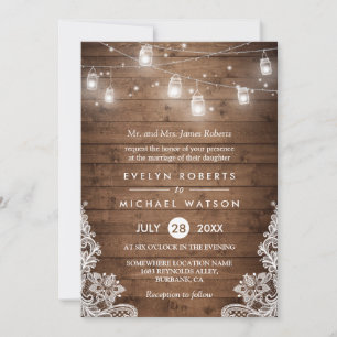 Invitation (Parents mariés) Mason Jars Lights Lace Mariage