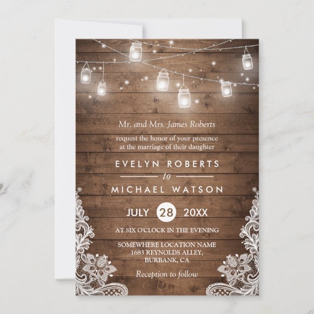 Invitation (Parents mariés) Mason Jars Lights Lace Mariage (Devant)