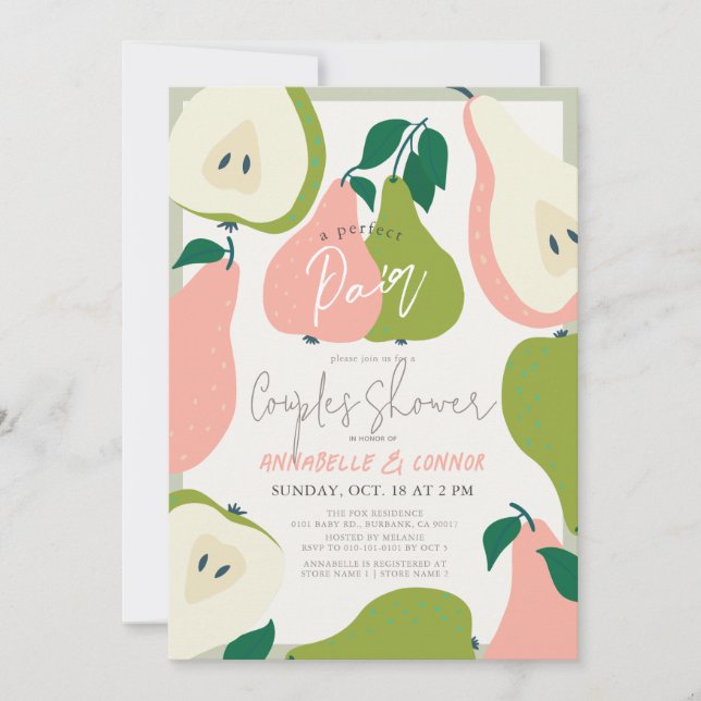 Invitation Parfait Paire Rose & Vert Couples Pear Douche (Devant)