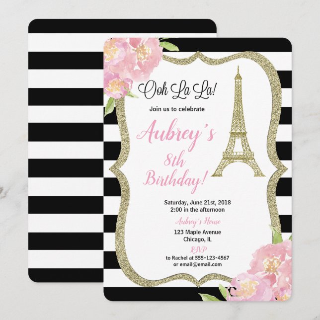 Invitation Paris anniversaire d'anniversaire fille rose or (Devant / Derrière)