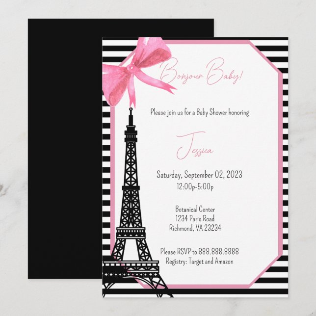 Invitation Paris Baby shower à thème (Devant / Derrière)