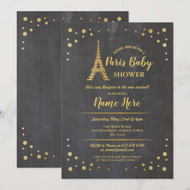 Invitation Paris Baby shower Chalk Gold Tour Eiffel (Devant / Derrière)