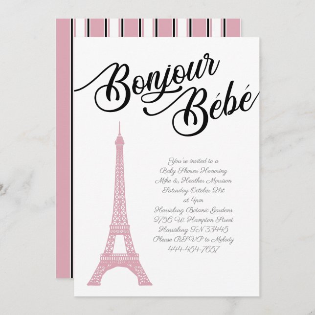 Invitation Paris Baby shower rose Parisienne (Devant / Derrière)