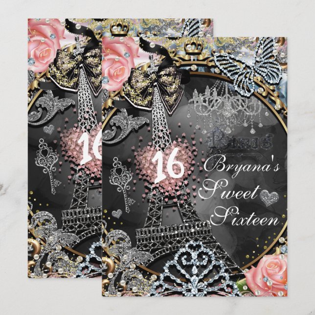 Invitation Paris Bling Glamor Sparkle France Anniversaire (Devant / Derrière)