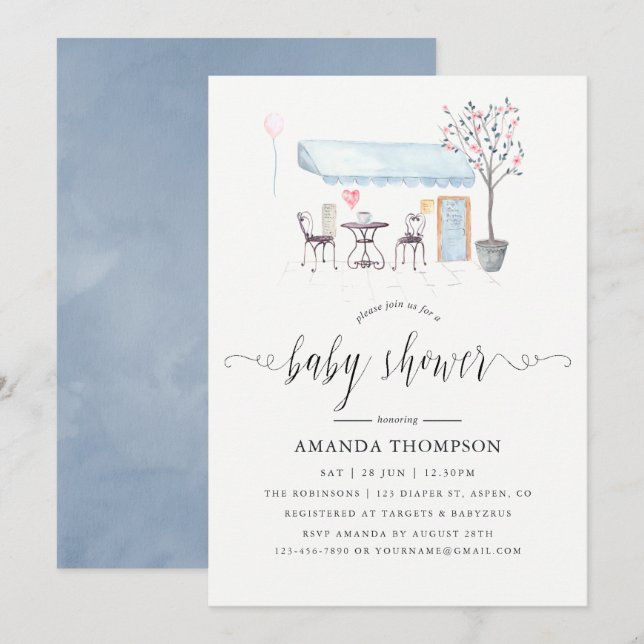 Invitation Paris Café Baby shower aquarelle (Devant / Derrière)