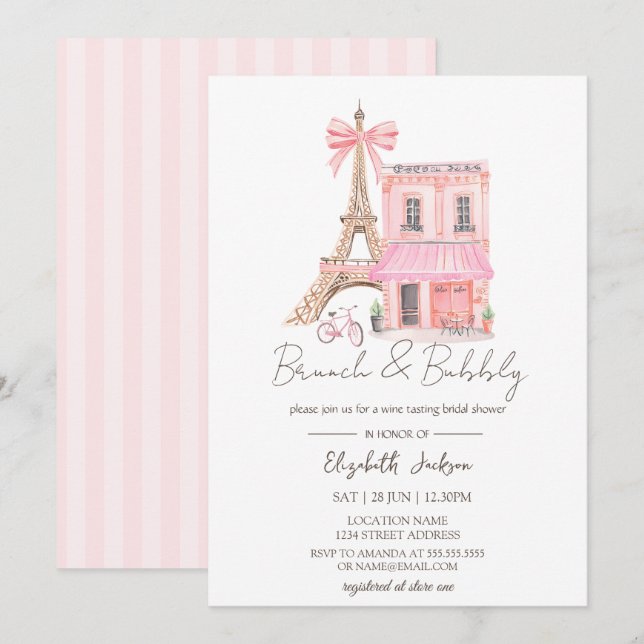 Invitation Paris Cafe  Pink Striped Brunch and Bubbly (Devant / Derrière)