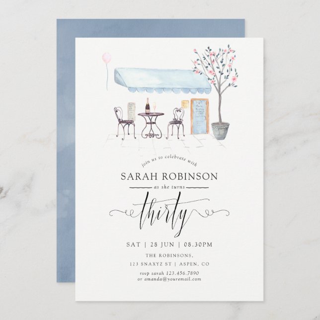Invitation Paris Café Watercolor 30e fête d'anniversaire (Devant / Derrière)