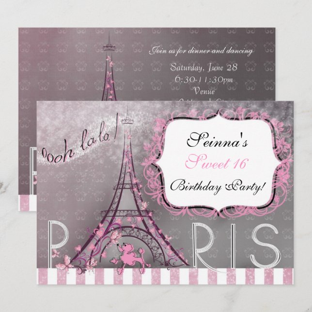 Invitation Paris Chic Sparkle Tour Eiffel Party Sweet 16 (Devant / Derrière)