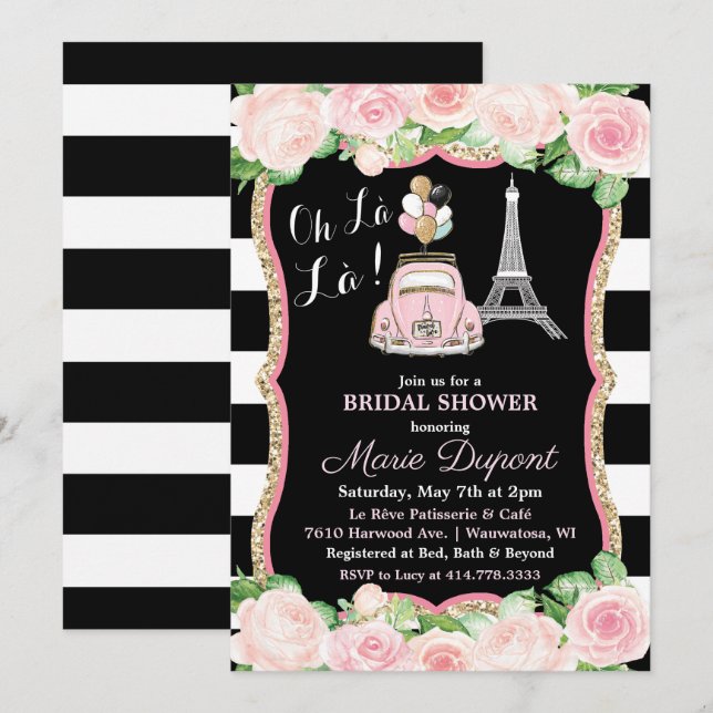 Invitation Paris Floral Travel Thème Douche nuptiale Invitati (Devant / Derrière)