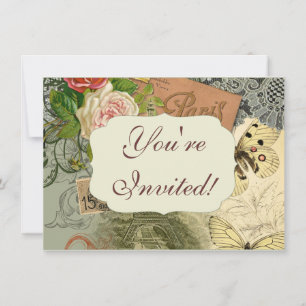 Invitation Paris France Art Antique Collage Eiffel Français