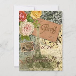 Invitation Paris France Art Antique Collage Eiffel Français