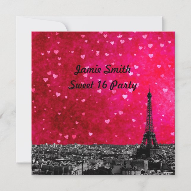 Invitation Paris France Skyline #1 Hot Rose Red Sweet 16 SQ (Devant)
