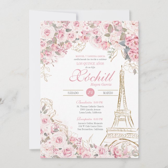 Invitation Paris Jardin Rose Fleuri Quinceanera rose (Devant)