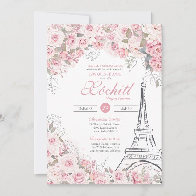 Invitation Paris Jardin Rose Fleuri Quinceanera rose (Devant)