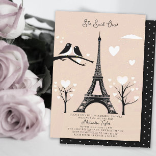 Invitation Paris Lovebirds Eiffel Hiver Peach Fête des mariée
