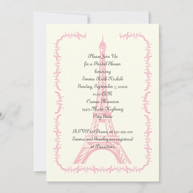Invitation Paris mariage rose Tour Eiffel douche nuptiale (Devant)