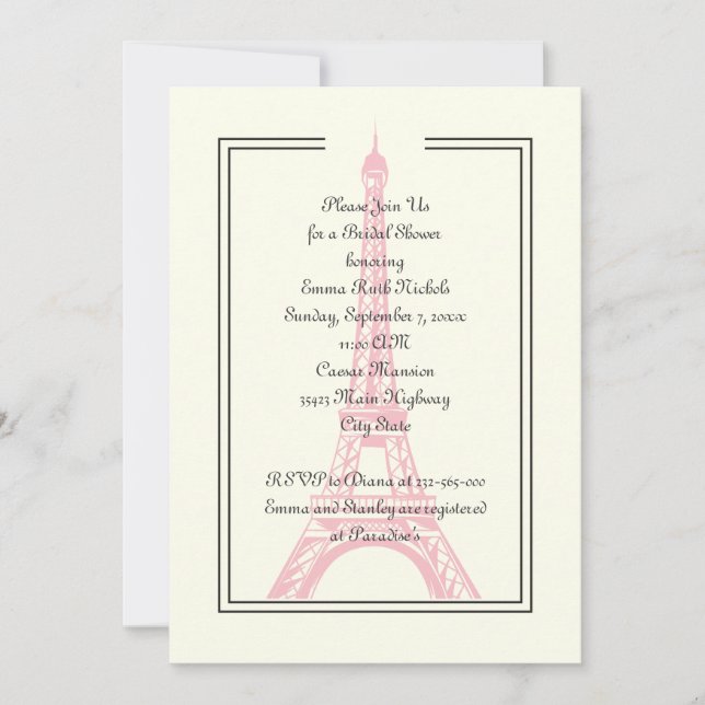 Invitation Paris mariage rose Tour Eiffel douche nuptiale (Devant)