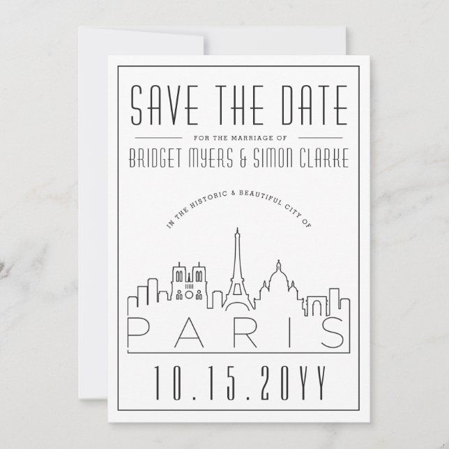 Invitation Paris Mariage | Skyline stylisée Enregistrer la da (Devant)