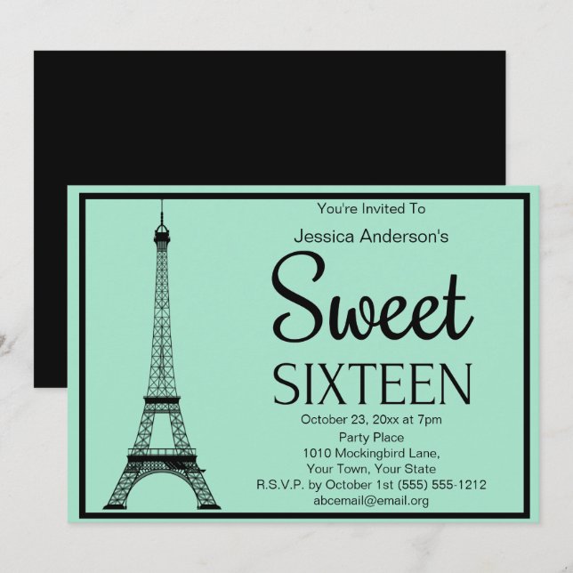 Invitation Paris Mint Green Tour Eiffel Sweet sixteen (Devant / Derrière)