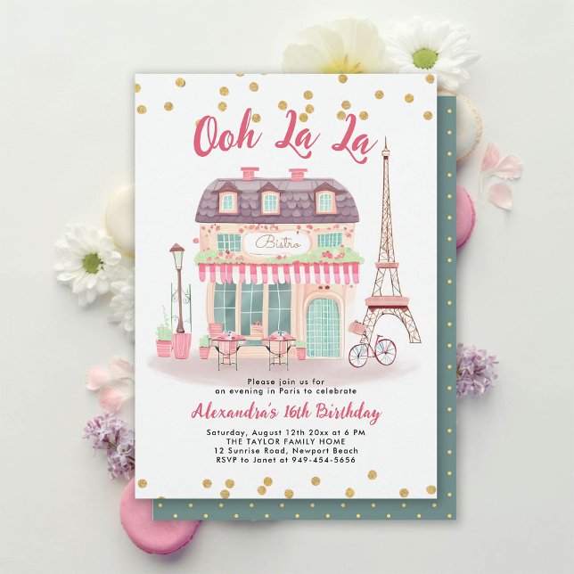 Invitation Paris Nuit Eiffel Bistro Rose Vert Douceur 16 (paris sweet 16 invitation sixteenth birthday girl french bistro eiffel illustration chic fashion)