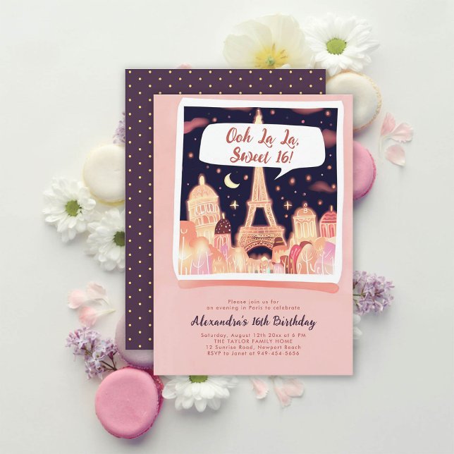 Invitation Paris Nuit Eiffel Comics Style Rose Chic Sweet 16 (paris sweet 16 invitation girls comics book illustration night eiffel moon stars elegant girly chic)