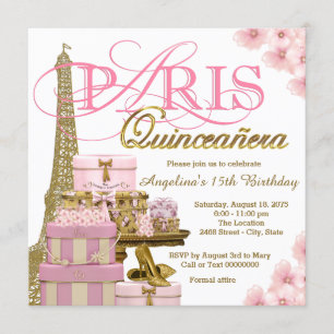 Invitation Paris Quinceanera rose et or