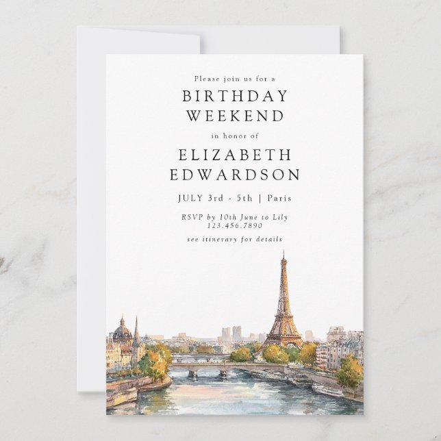 Invitation Paris Skyline Watercolor Birthday Weekend (Devant)