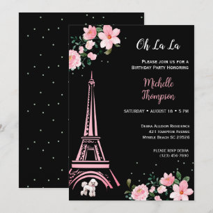 Invitation Paris Tour Eiffel Anniversaire floral noir et rose