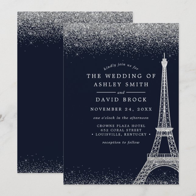 Invitation Paris Tour Eiffel Argent Confetti Marine Mariage (Devant / Derrière)