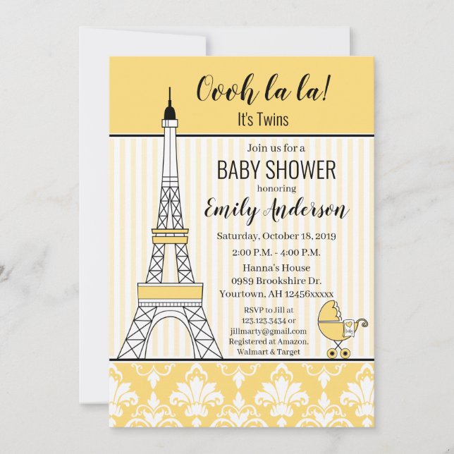 Invitation Paris Tour Eiffel Baby shower à thème Jaune (Devant)
