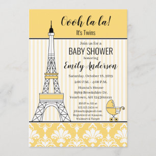 Invitation Paris Tour Eiffel Baby shower à thème Jaune