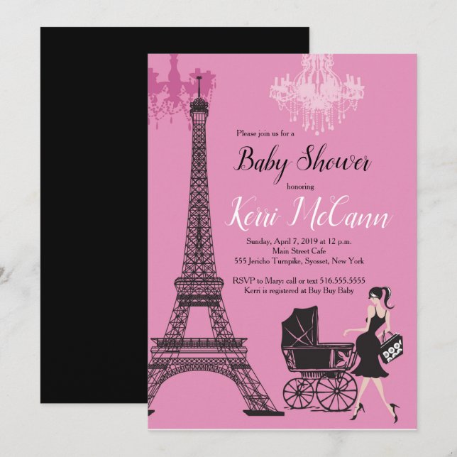 Invitation Paris Tour Eiffel Filles Baby shower rose (Devant / Derrière)