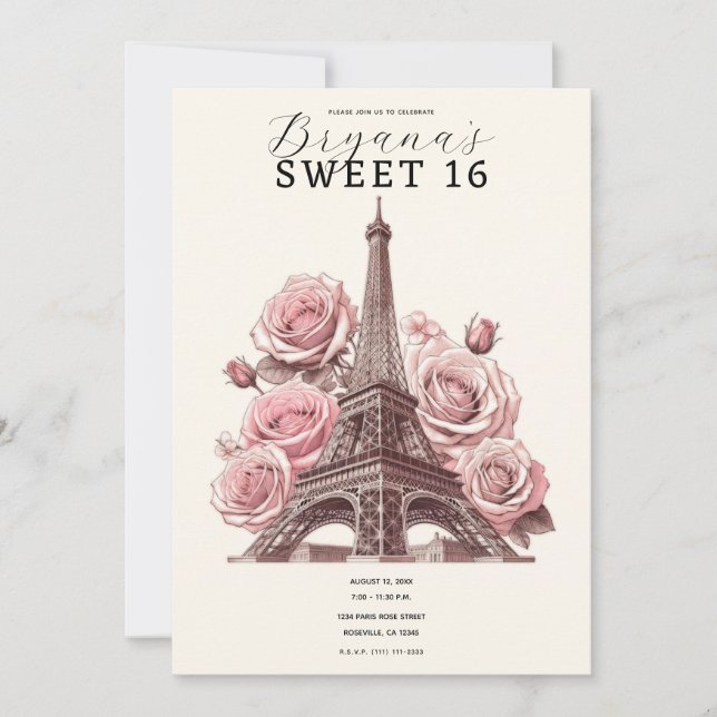 Invitation Paris Tour Eiffel & Roses Roses Roses Roses Douces (Devant)