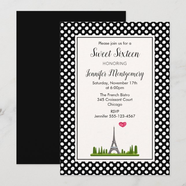 Invitation Paris Tour Eiffel Sweet sixteen anniversaire (Devant / Derrière)