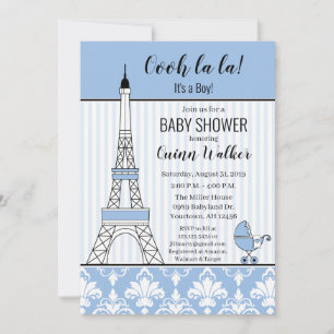 Invitation Paris Tour Eiffel Thème Baby shower bleu garçon