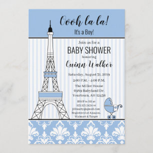 Invitation Paris Tour Eiffel Thème Baby shower bleu garçon