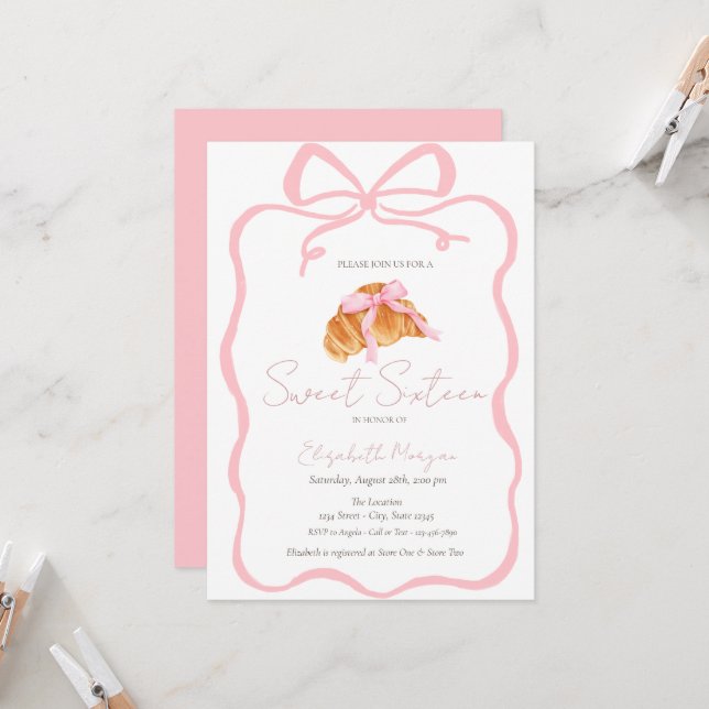 Invitation Parisian Croissant Pink Bow Sweet 16 (Devant/Arrière en situation)