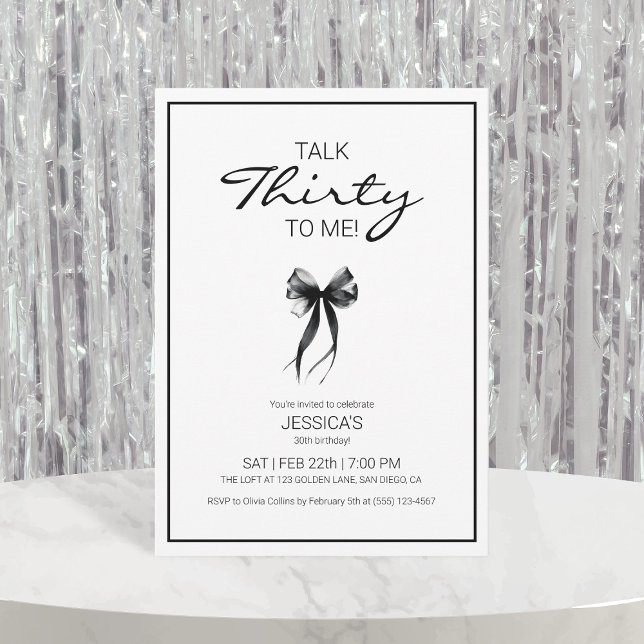 Invitation Parlez 30 à moi Trente Noir et Blanc Bow Anniversa (Talk 30 to Me Thirty Black and White Bow Birthday Invitation)