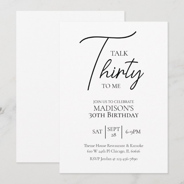 Invitation Parlez trente à moi 30e anniversaire noir et blanc (Devant / Derrière)
