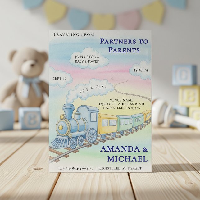 Invitation Partenaires aux parents Baby shower de train Water (Partners to Parents Watercolor Train Baby Shower Invitation
)