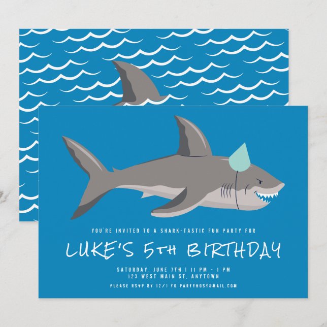 Invitation Parti Anniversaire de enfant Cool bleu requin (Devant / Derrière)